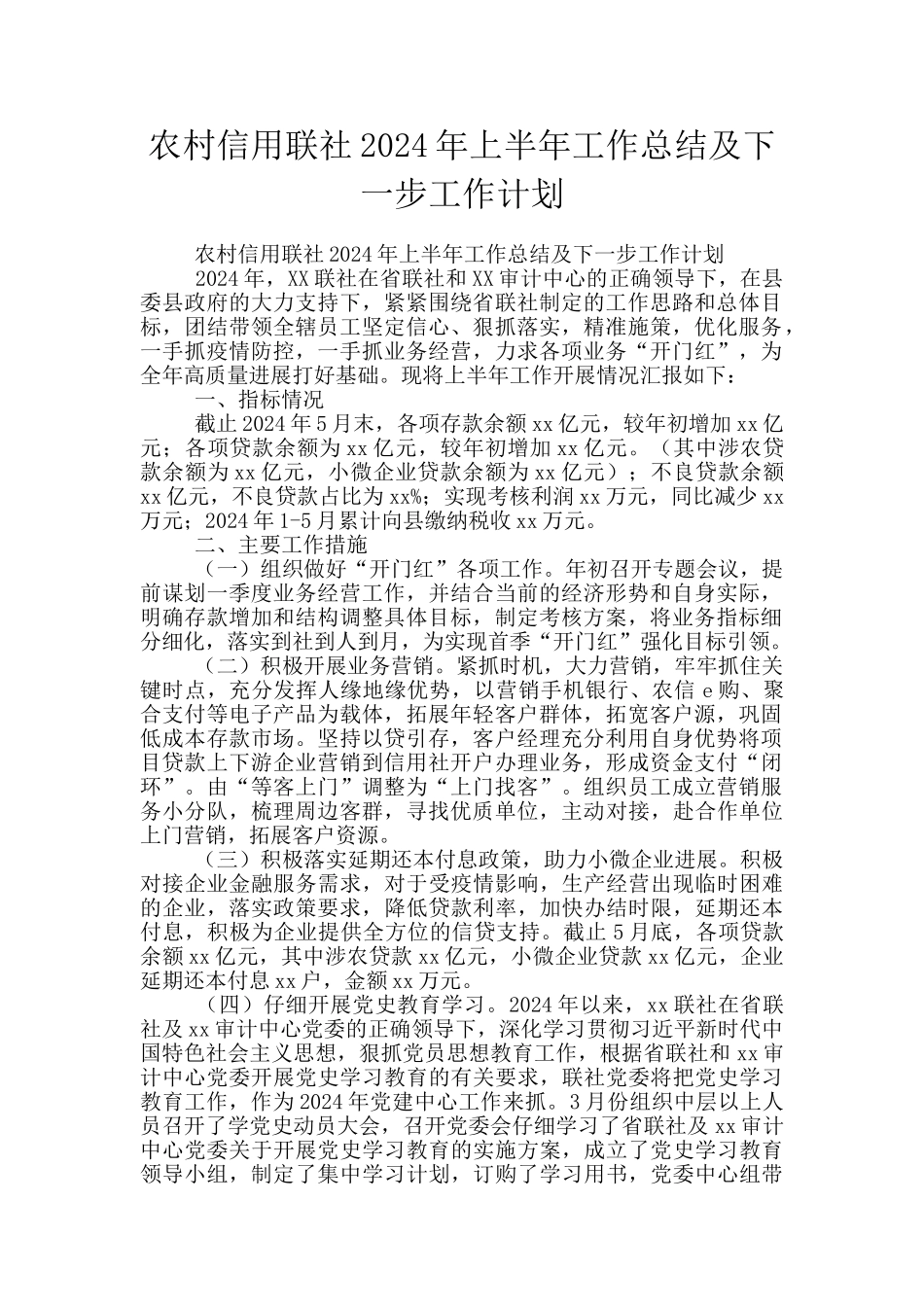 农村信用联社2024年上半年工作总结及下一步工作计划_第1页