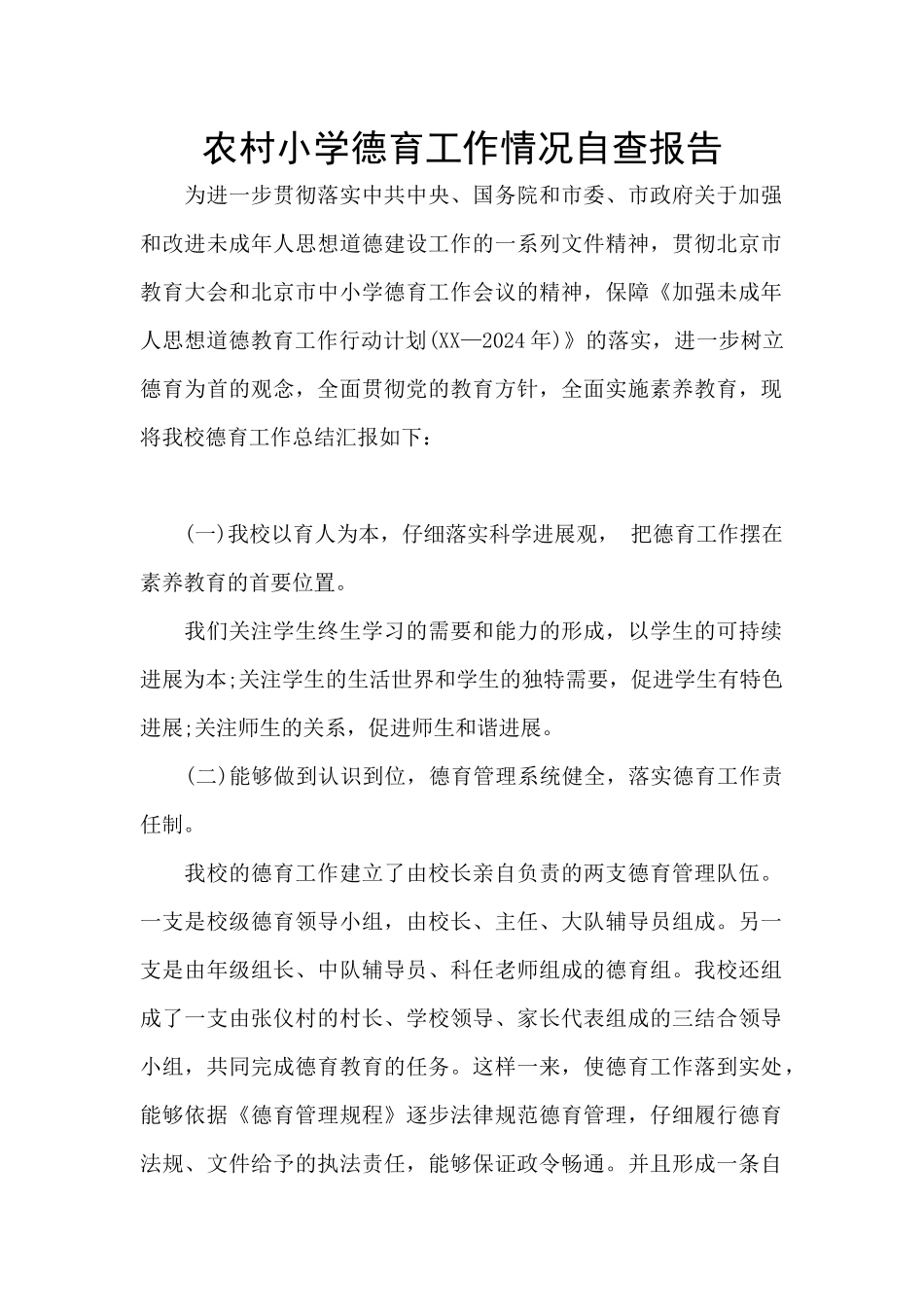 农村小学德育工作情况自查报告_第1页