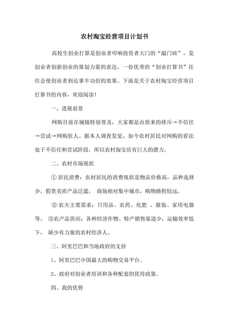 农村淘宝经营项目计划书_第1页