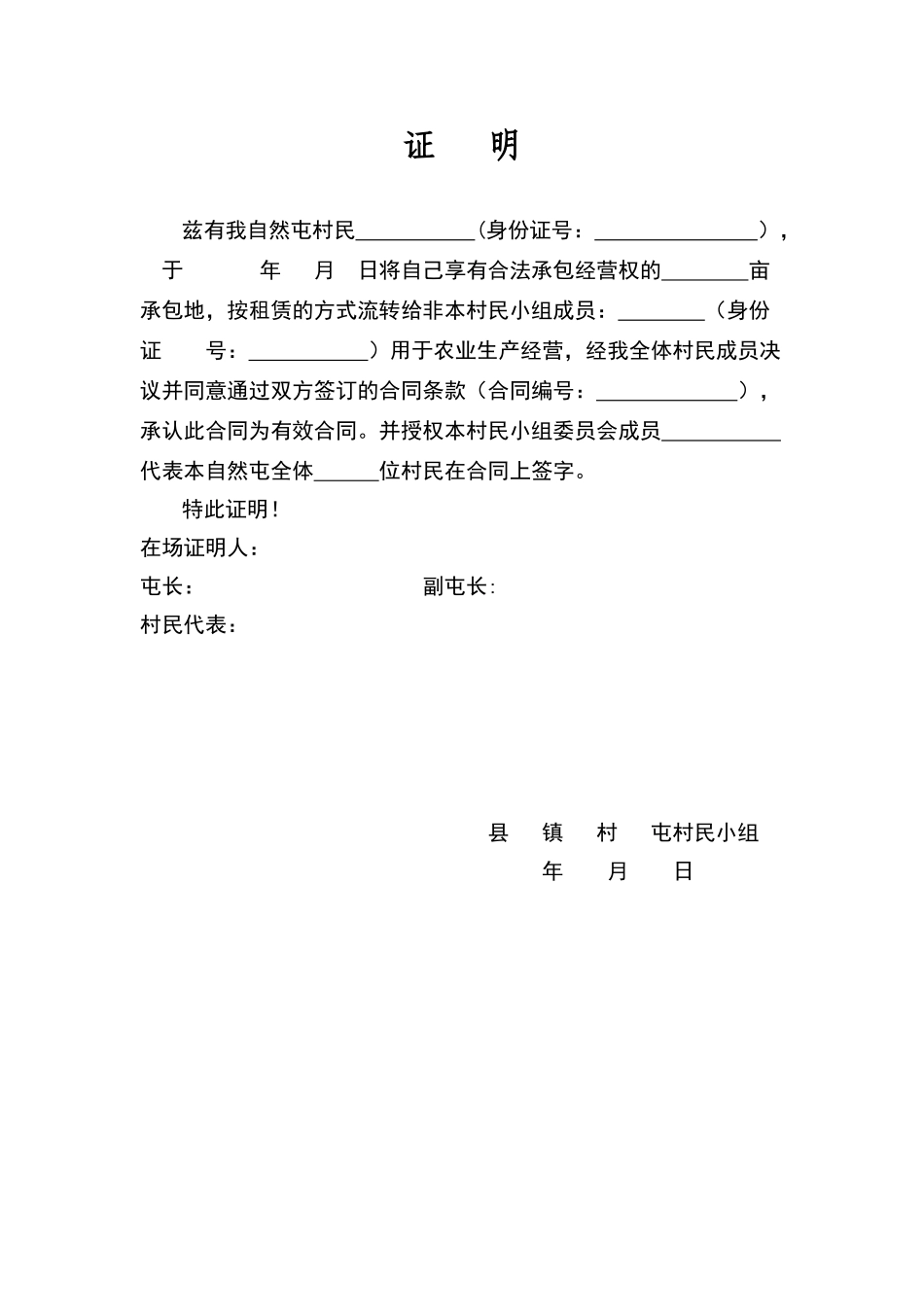 农村集体土地流转村民小组证明_第1页
