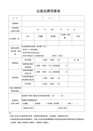 出差经费预算表