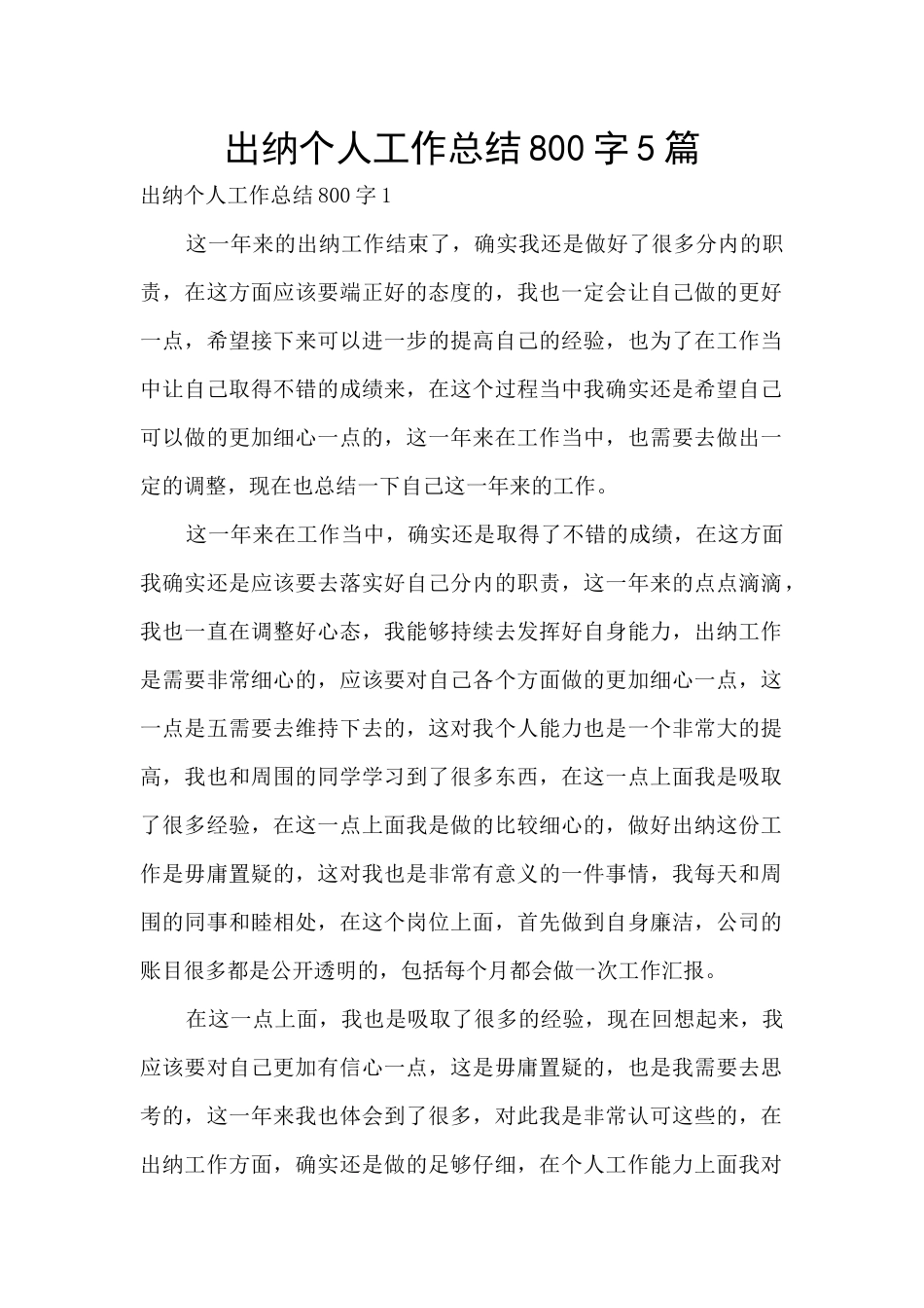 出纳个人工作总结800字5篇_第1页