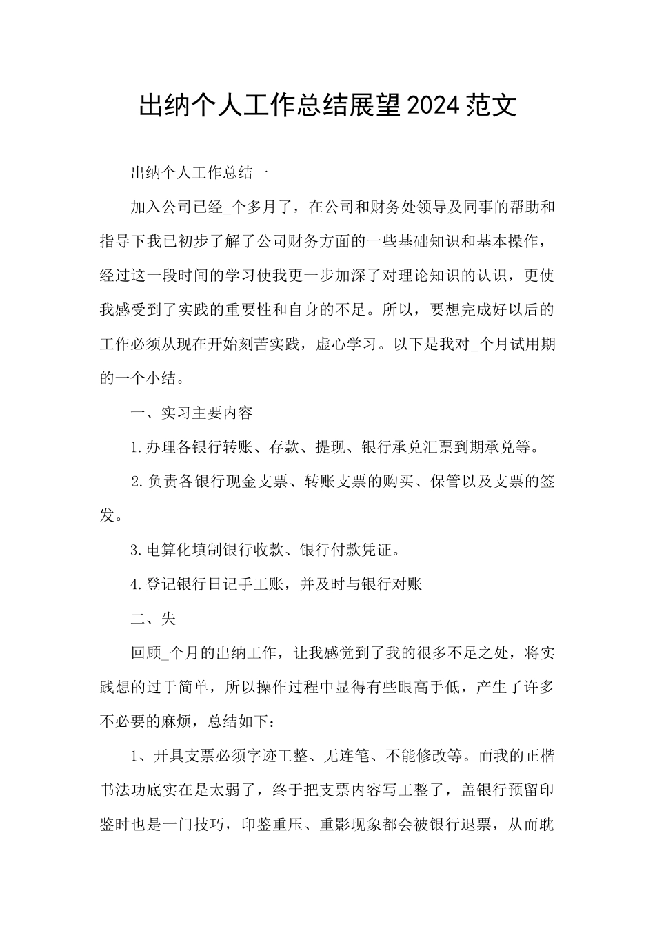 出纳个人工作总结展望2024范文_第1页