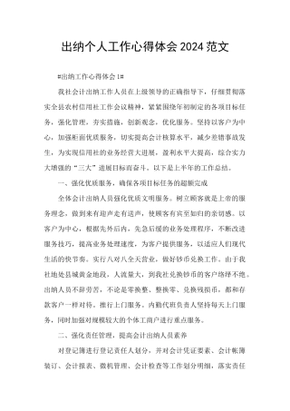 出纳个人工作心得体会2024范文