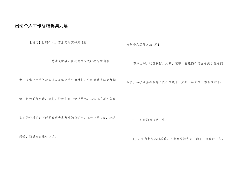 出纳个人工作总结锦集九篇_第1页
