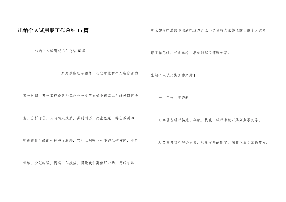 出纳个人试用期工作总结15篇_第1页