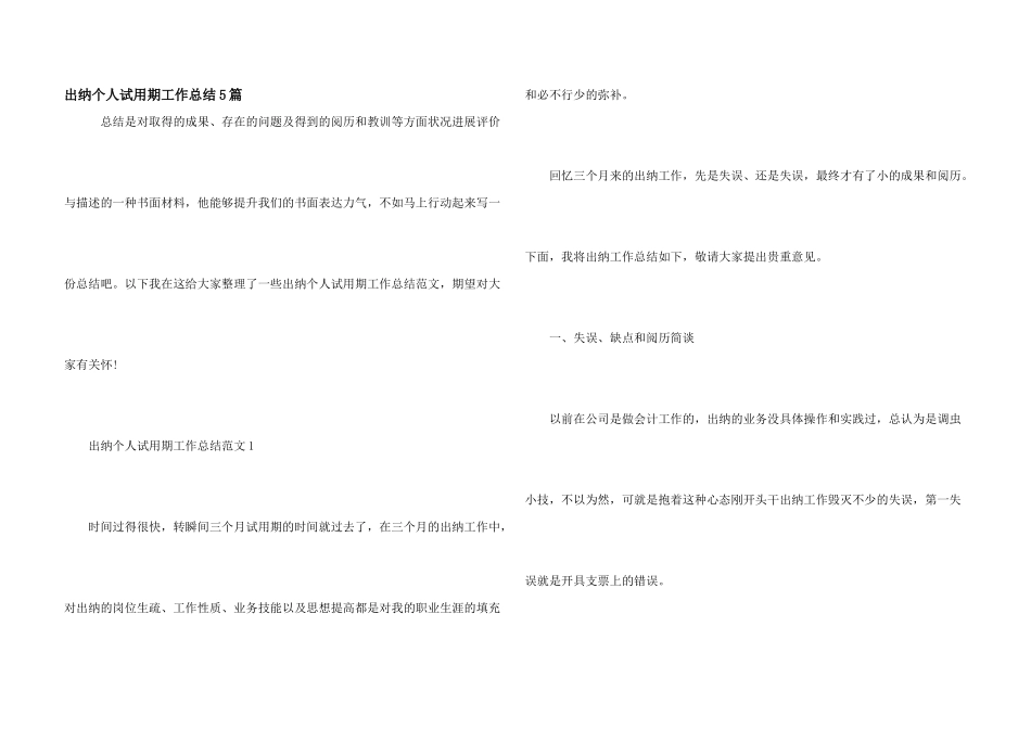 出纳个人试用期工作总结5篇_第1页