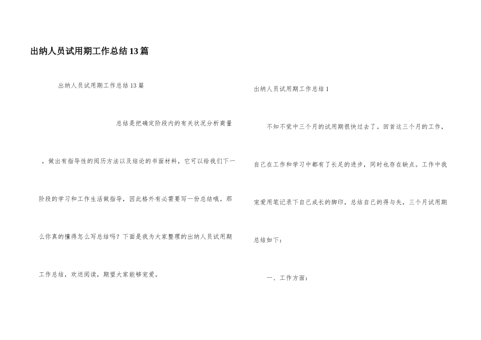 出纳人员试用期工作总结13篇_第1页