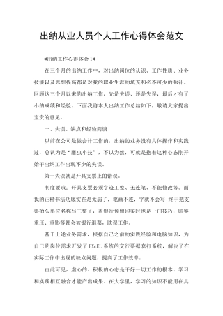 出纳从业人员个人工作心得体会范文