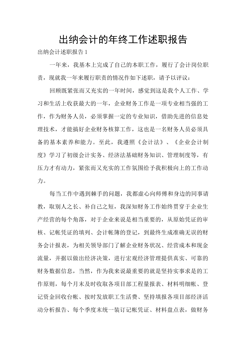 出纳会计的年终工作述职报告_第1页