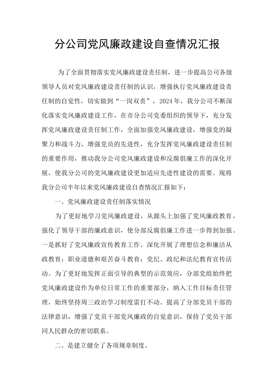 分公司党风廉政建设自查情况汇报_第1页