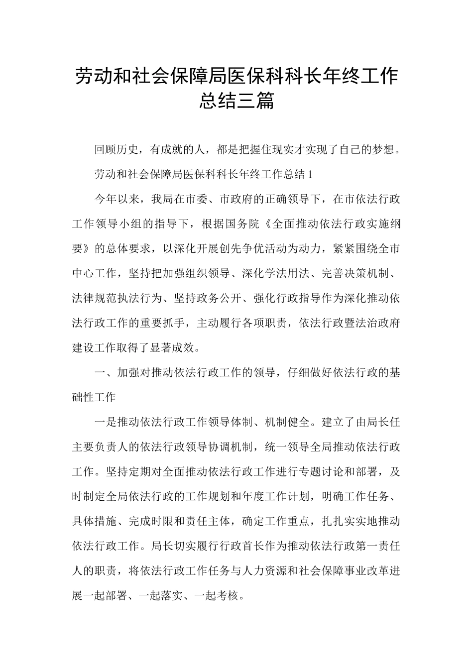劳动和社会保障局医保科科长年终工作总结三篇_第1页