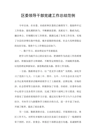 区委领导干部党建工作总结范例