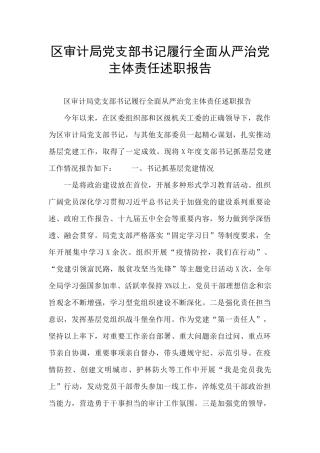 区审计局党支部书记履行全面从严治党主体责任述职报告