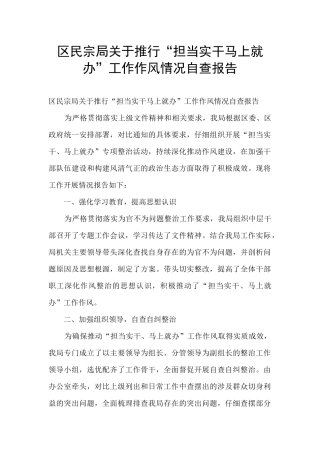 区民宗局关于推行“担当实干马上就办”工作作风情况自查报告
