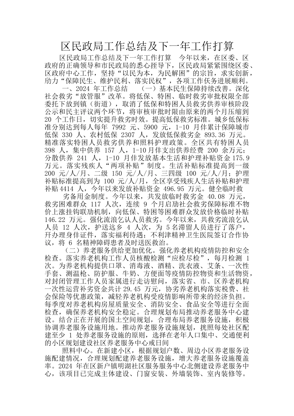 区民政局工作总结及下一年工作打算_第1页