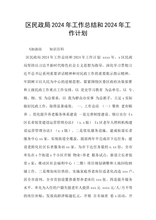 区民政局2024年工作总结和2024年工作计划