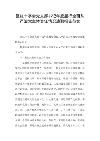 区红十字会党支部书记年度履行全面从严治党主体责任情况述职报告范文