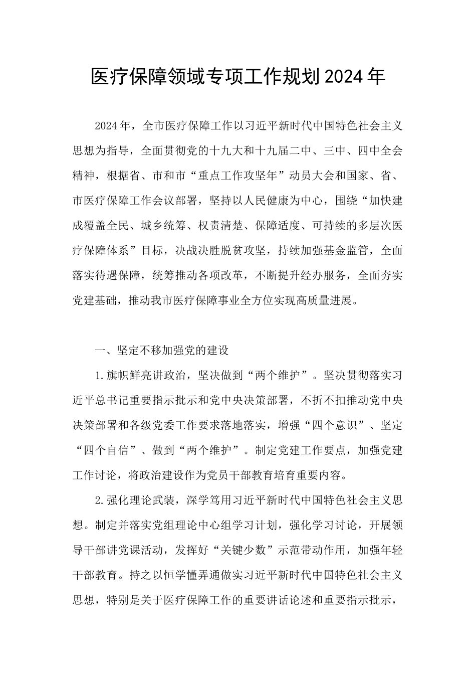 医疗保障领域专项工作规划2024年_第1页