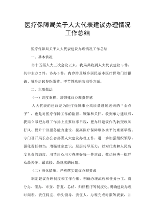 医疗保障局关于人大代表建议办理情况工作总结