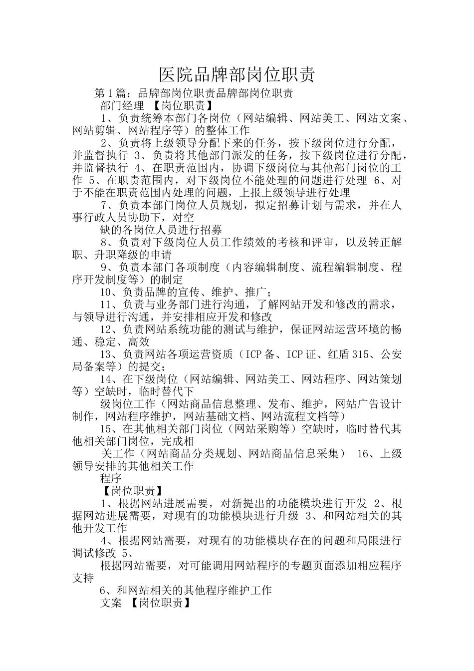 医院品牌部岗位职责_第1页