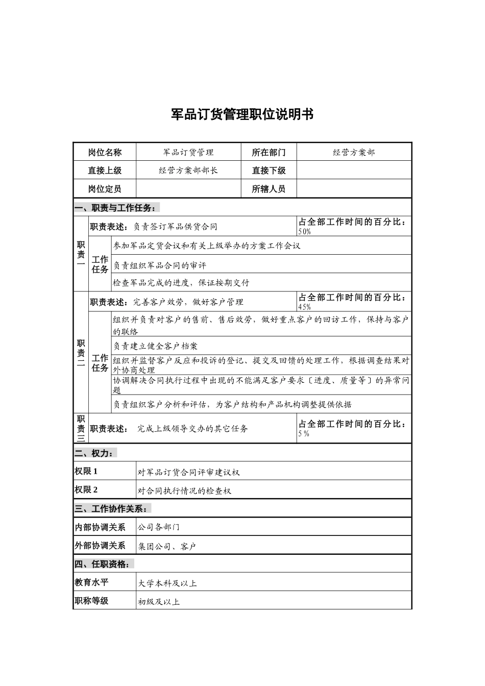 华北光学仪器公司经营计划部军品订货管理职位说明书_第1页