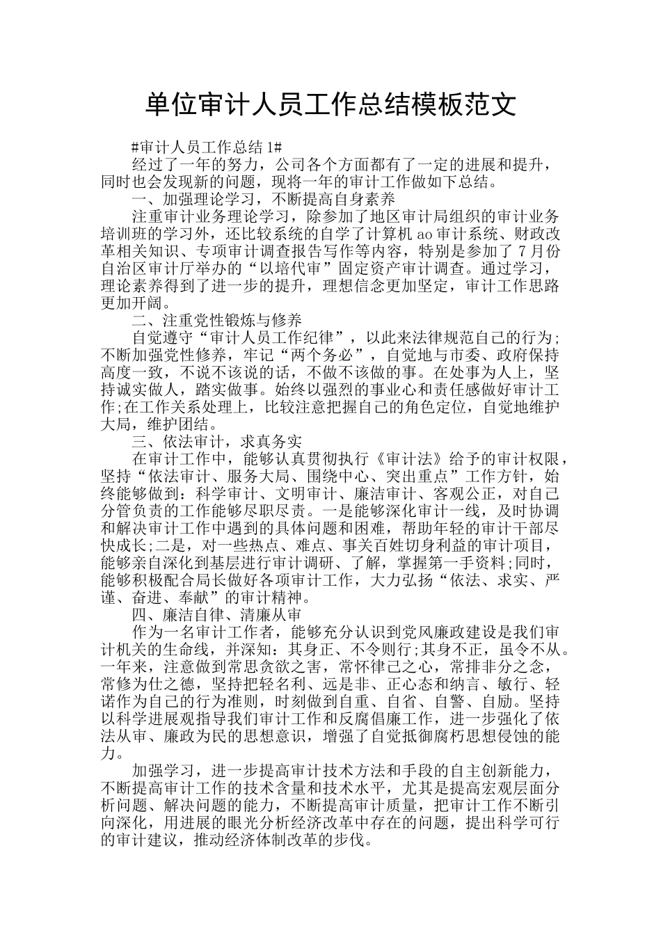 单位审计人员工作总结模板范文_第1页