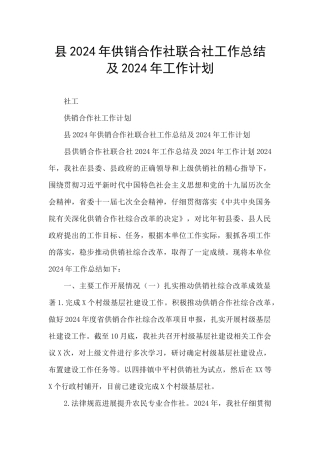 县2024年供销合作社联合社工作总结及2024年工作计划