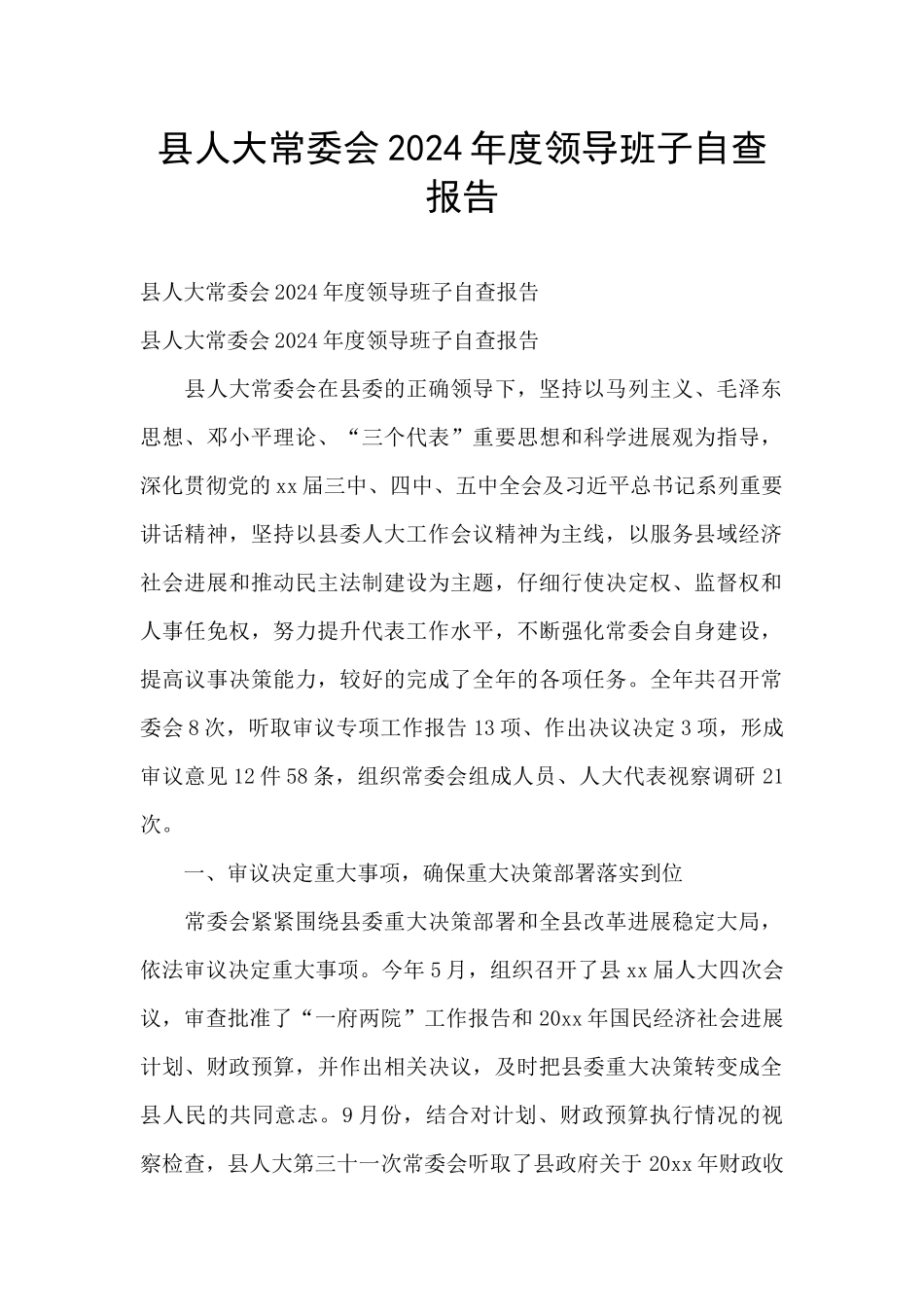 县人大常委会2024年度领导班子自查报告_第1页