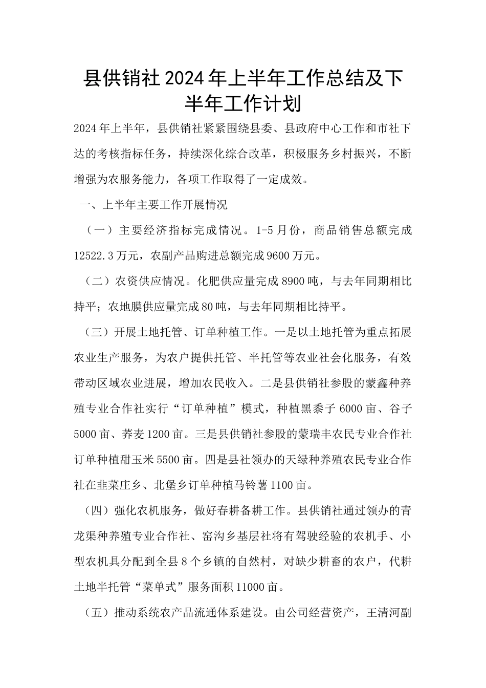 县供销社2024年上半年工作总结及下半年工作计划_第1页