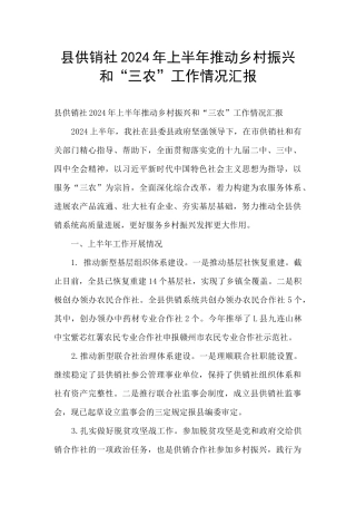 县供销社2024年上半年推进乡村振兴和“三农”工作情况汇报