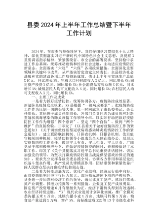 县委2024年上半年工作总结暨下半年工作计划