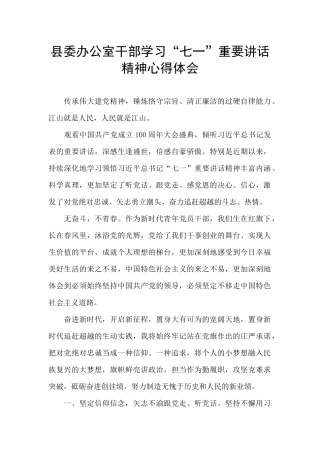 县委办公室干部学习“七一”重要讲话精神心得体会