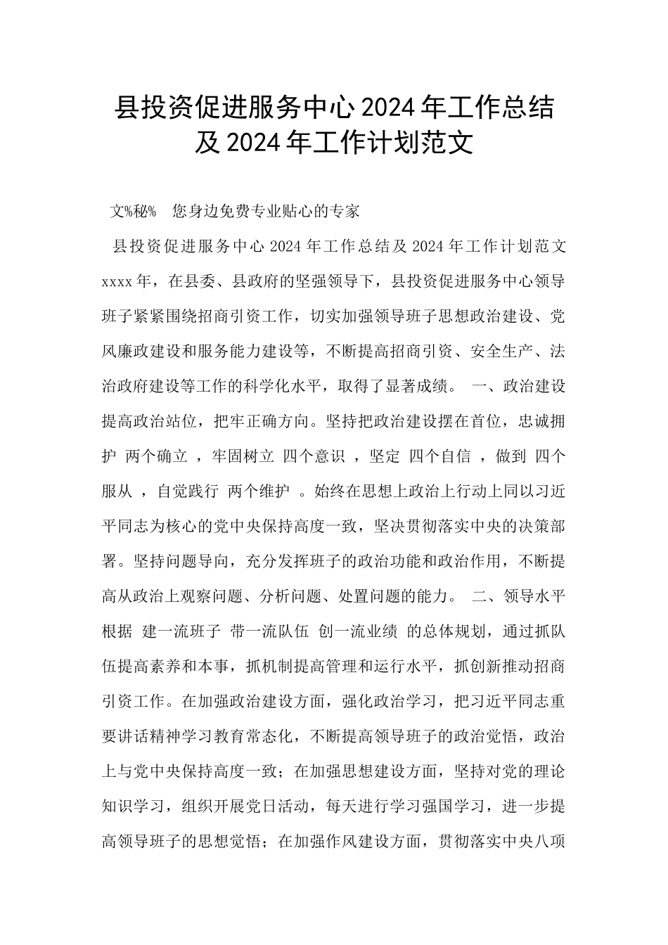 县投资促进服务中心2024年工作总结及2024年工作计划范文_第1页