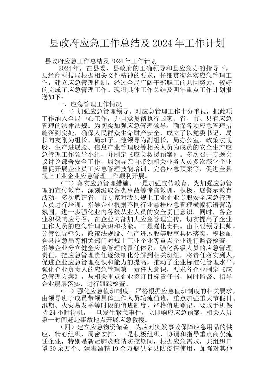 县政府应急工作总结及2024年工作计划_第1页
