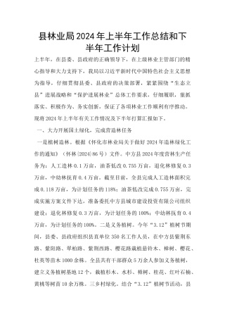县林业局2024年上半年工作总结和下半年工作计划