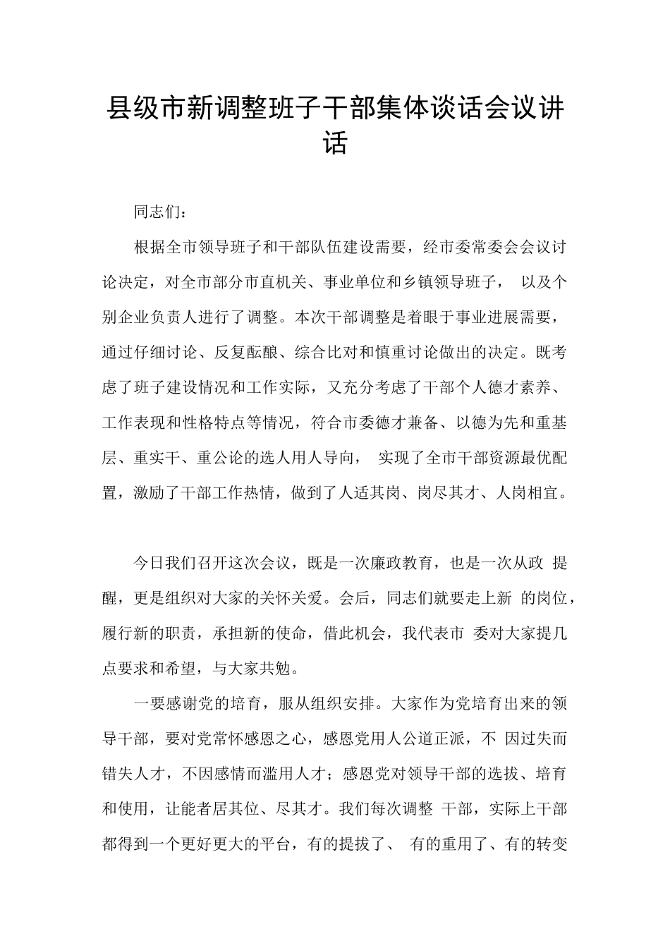 县级市新调整班子干部集体谈话会议讲话_第1页
