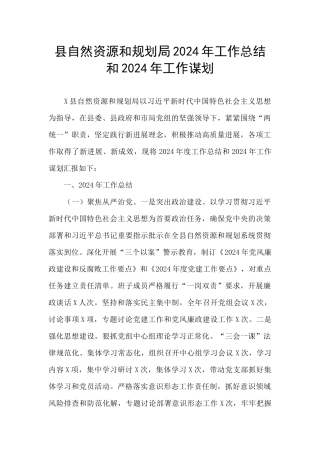 县自然资源和规划局2024年工作总结和2024年工作谋划