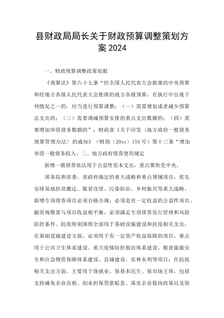 县财政局局长关于财政预算调整策划方案2024