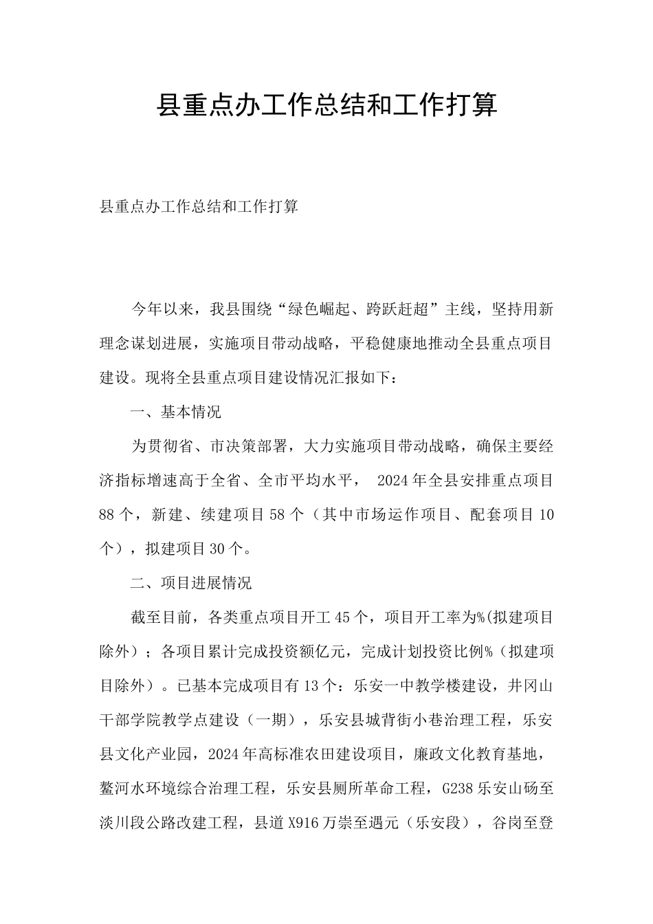 县重点办工作总结和工作打算_第1页