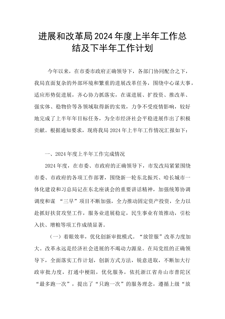 发展和改革局2024年度上半年工作总结及下半年工作计划_第1页