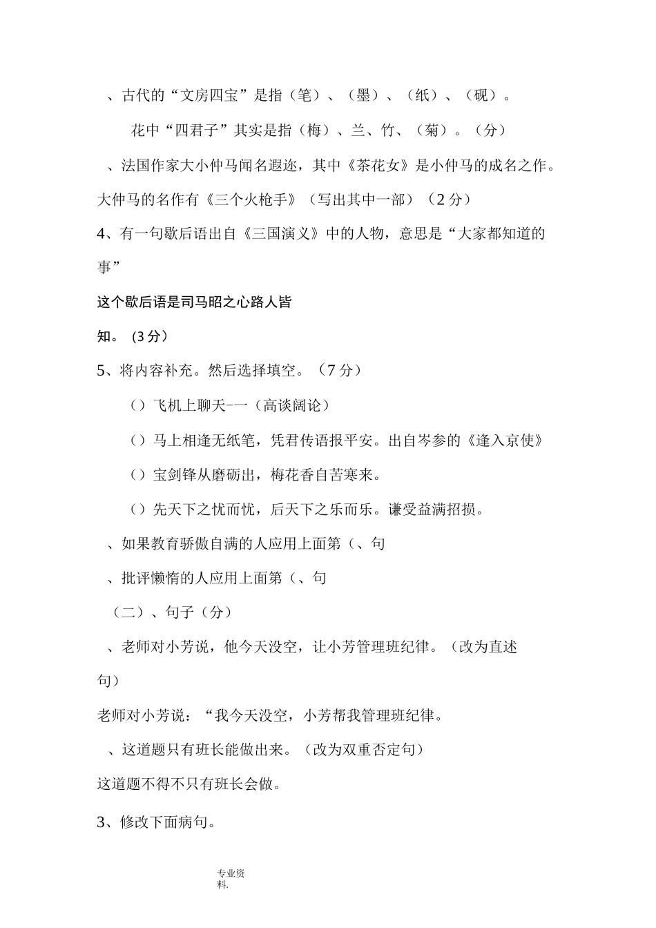 小升初分班考试题(语文)_第2页