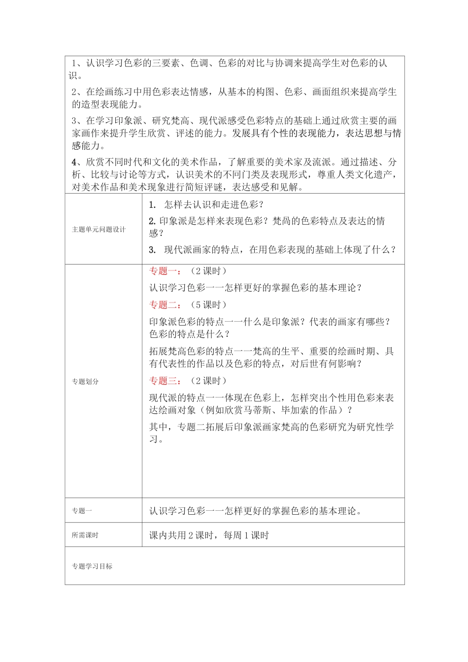 初中美术《画家笔下的色彩》主题单元教学设计_第3页