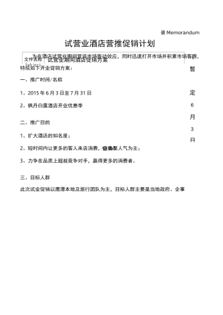 酒店试营业促销方案 