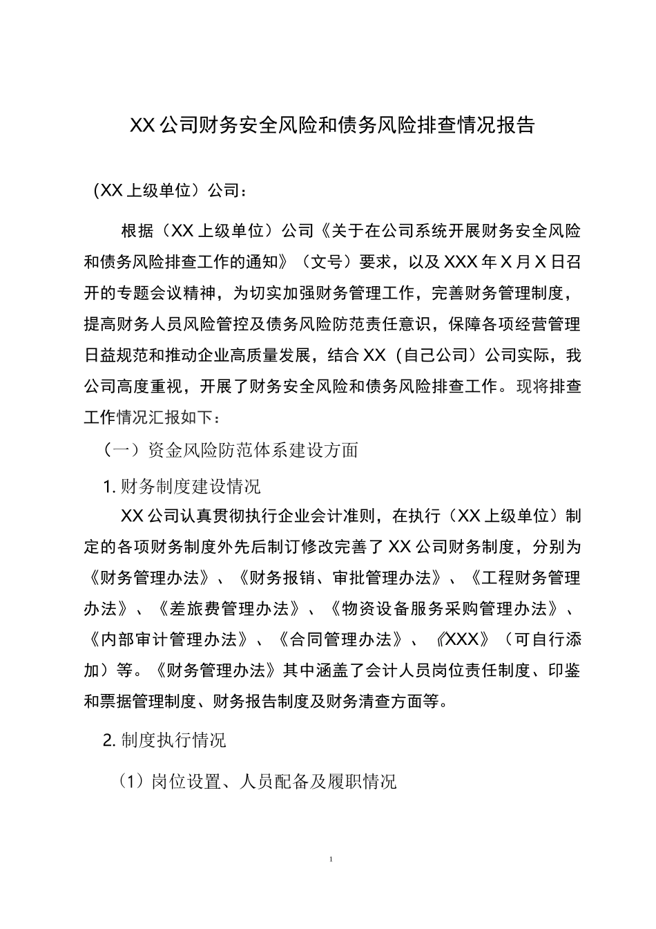 XX公司财务安全风险和债务风险排查工作情况报告_第1页