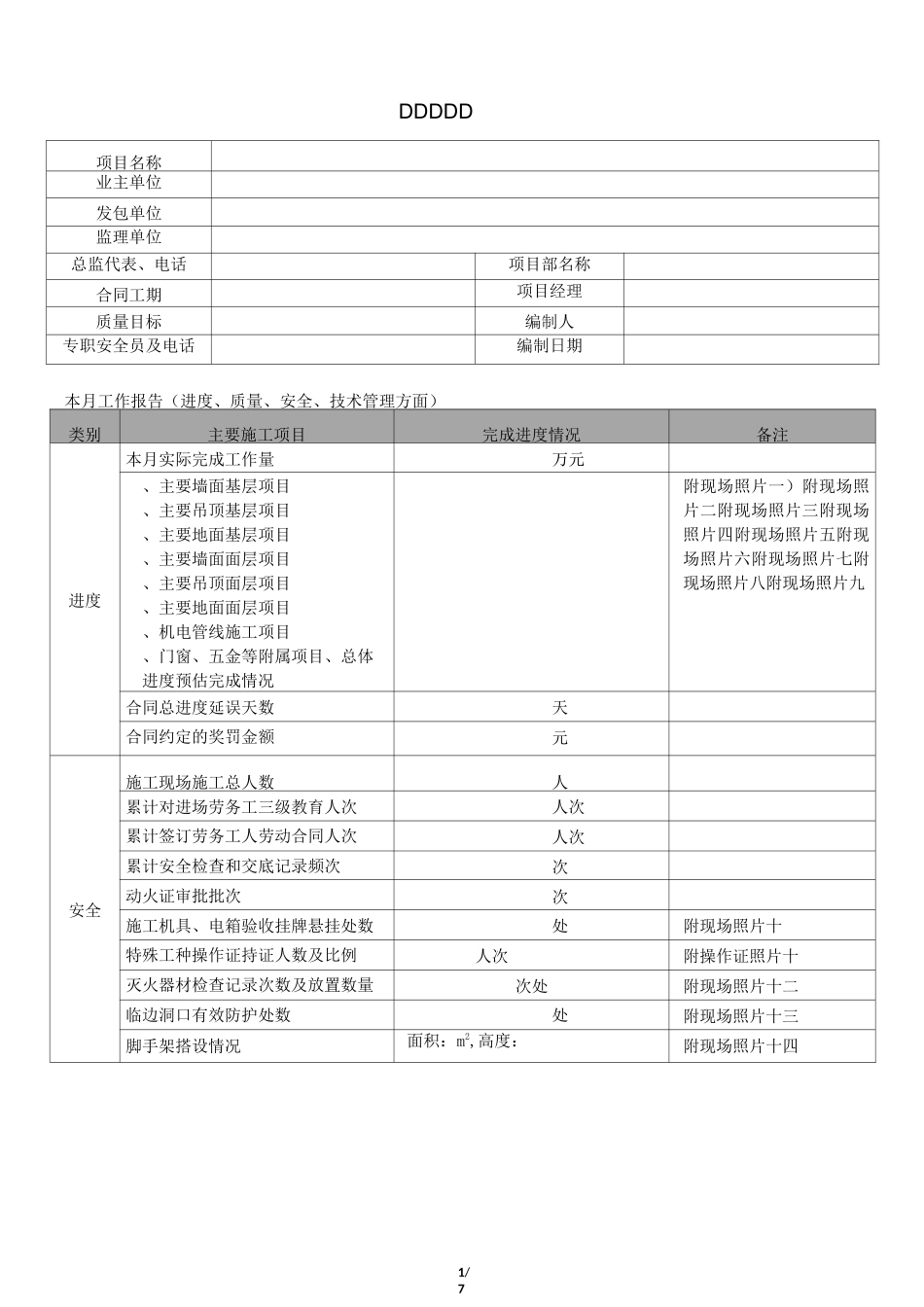 项目月报表格式_第1页