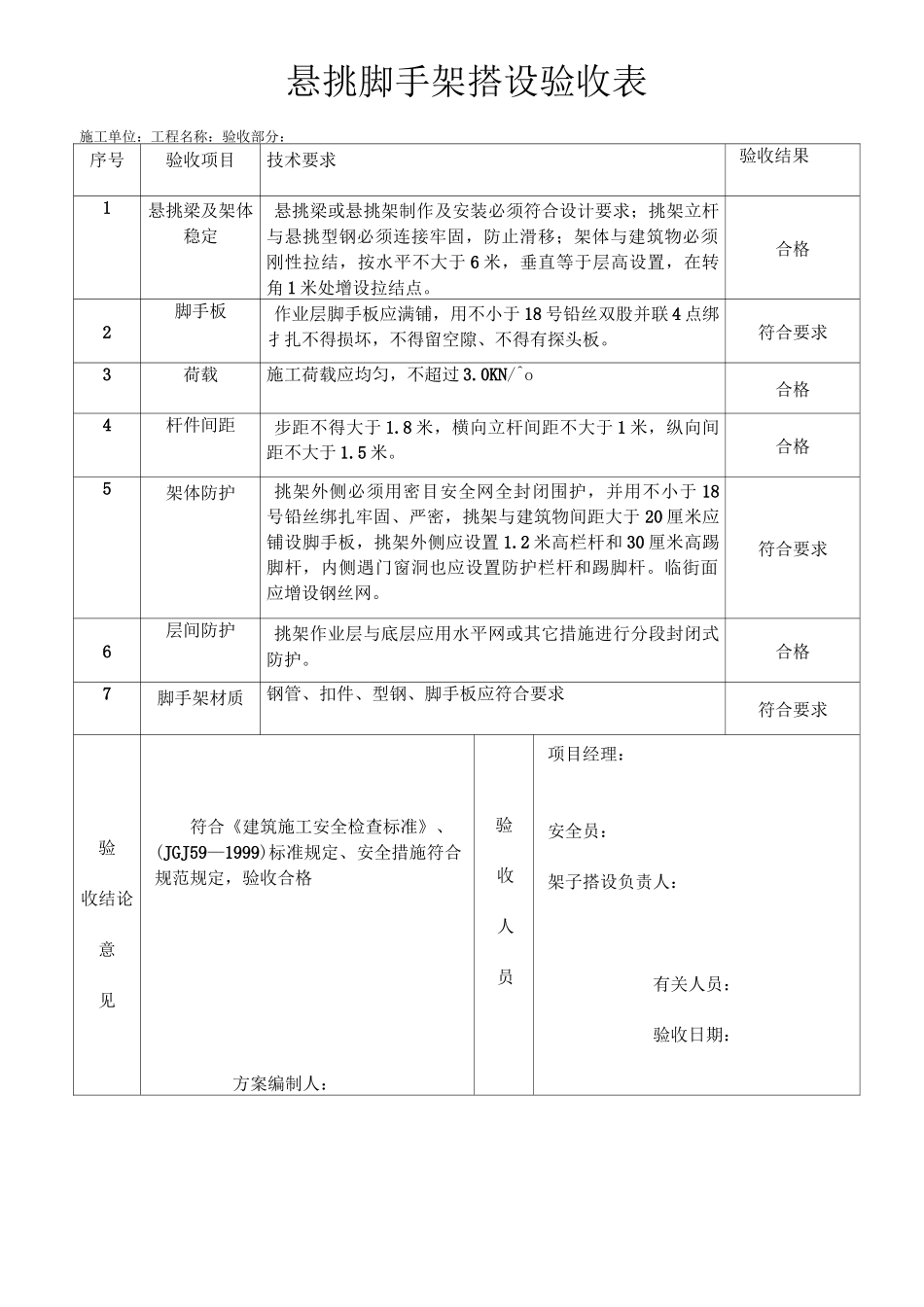悬挑脚手架搭设验收表_第1页
