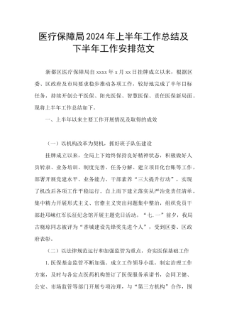 医疗保障局2024年上半年工作总结及下半年工作安排范文