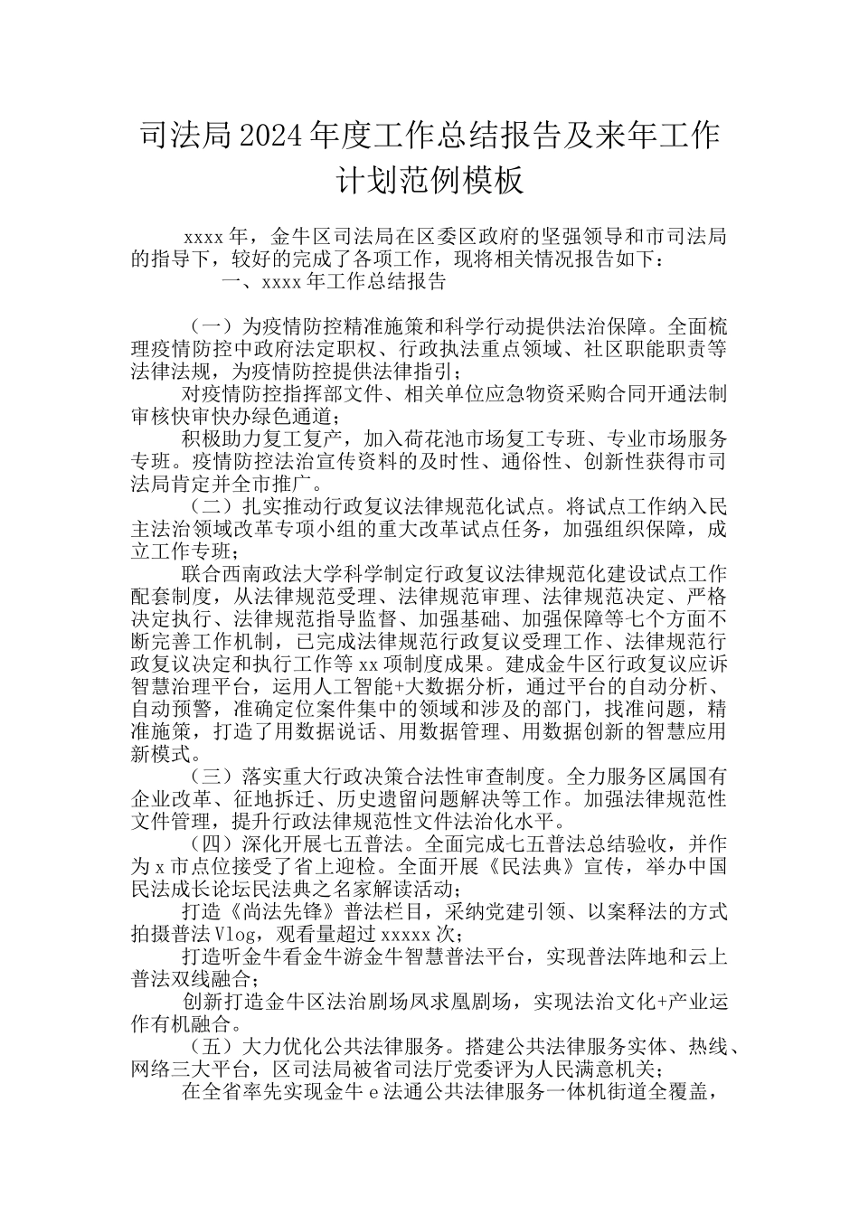 司法局2024年度工作总结报告及来年工作计划范例模板_第1页