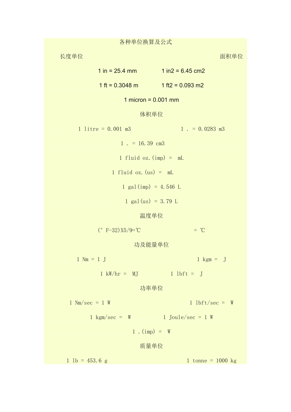 各种单位换算及公式_第1页